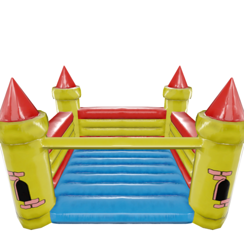 A jumping castle from the popular video game, "Goat Simulator", in which the player controls a goat in a suburban setting. An inflatable structure that provides amusement for children by jumping on the inflated floor.