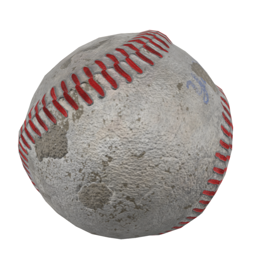 A worn baseball that has been used in play. The ball's leather cover is scuffed from contact with bats, gloves, and the ground. A unique piece of sports memorabilia with stories to tell.
