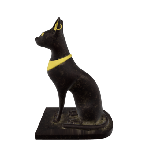 This is a sculpture carved from basalt, depicting the representation of a cat, which was considered a sacred animal in ancient Egyptian culture. 