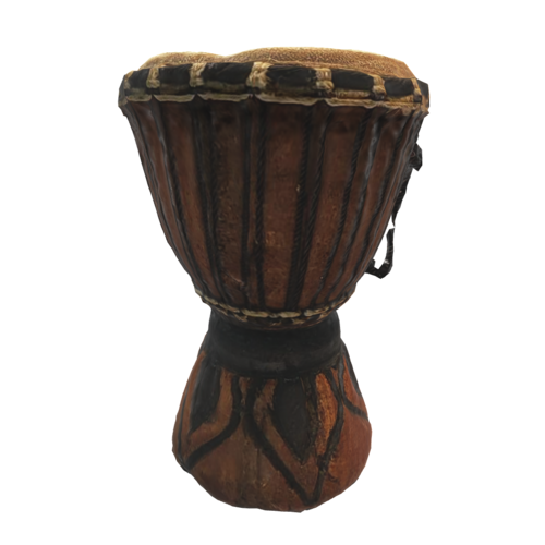 The Djembe is a rope-tuned skin-covered drum originally from West Africa. It has a goblet shape and is meant to be played with bare hands. 
