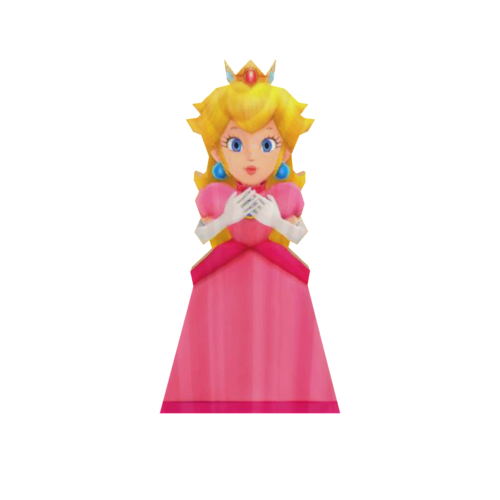 A card-board cutout representing Princess Peach, a classic character from the Super Mario video game franchise developed by Nintendo.