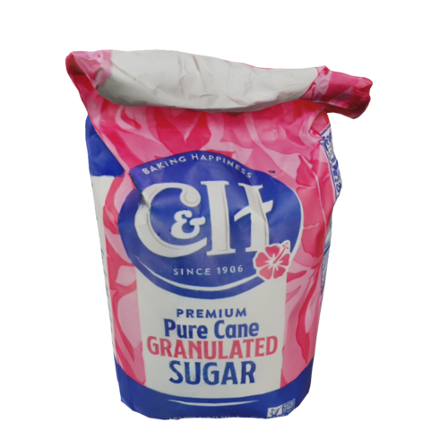 A branded bag of white granulated sugar manufactured by Domino Foods, Inc. A commonly used ingredient in baking and cooking and a household staple in many countries.
