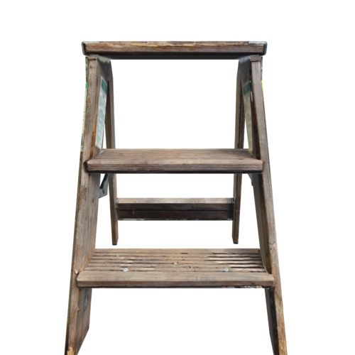 A self-supporting portable ladder hinged in the middle to form an inverted V, with stays to prevent movement. It is designed to offer height access for various household or work tasks.