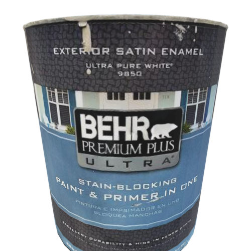 A container of interior or exterior paint manufactured by Behr, a company well known for its extensive, diverse range of colors. Used in a variety of home improvement and renovation projects.