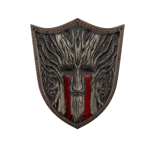 A shield inspired by the plant Bloodroot, often seen in artwork as conveying the themes of strength, protection, and connection to nature. The actual author and origin may be needed to provide a more accurate description.