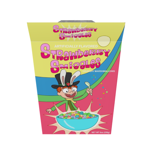 Strawberry Smuggles is a fictional breakfast cereal from the animated show Rick and Morty. It is known for its colorful box featuring the character Mr. Tophat Jones, and is described as strawberry flavored.
