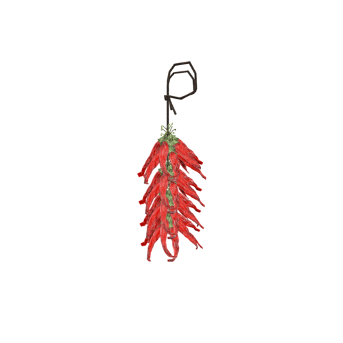 A Dried Chili Hanger is a ornamental food display made from chilis dried and strung together for preservation and easy access. It serves the dual purposes of rustic decoration and method of storing and preserving dried chili peppers.