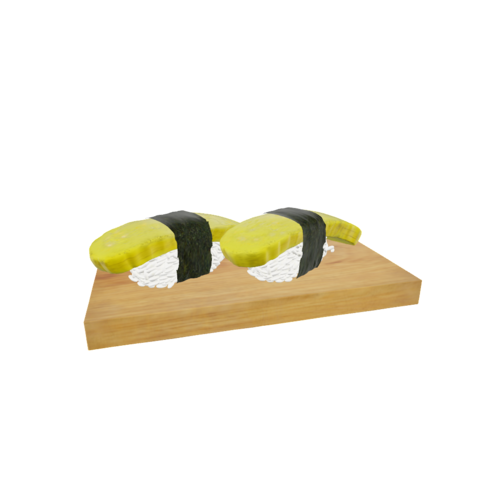 Sushi Tamago is a type of sushi with sweet egg omelette on a base of sushi rice, usually wrapped together with seaweed. It adds a sweet flavor element to traditional sushi.