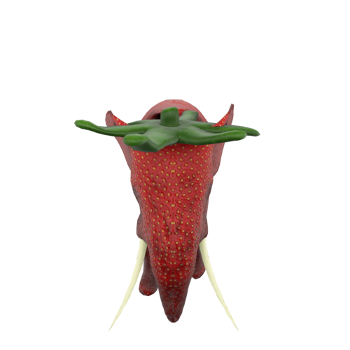 This is an imaginative artwork that combines the shape of an elephant with the color and texture of a strawberry. Do not try to eat.