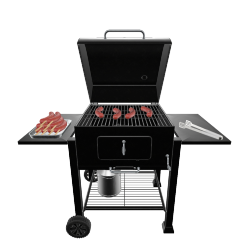 A grill, commonly associated with barbecue (BBQ), is a cooking device designed for frying, grilling, and broiling foods, especially meats. It is often used for outdoor cooking.